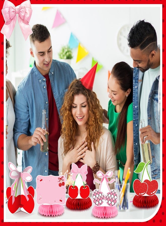 Weekgrat 12 Pcs Cherry Birthday Party Decoration She's the Cherry on Top Honeycomb Centerpiece 3D Red Pink Bow Table Decoration Table Topper for Women Bachelor Baby Shower Party Supplies - Image 3